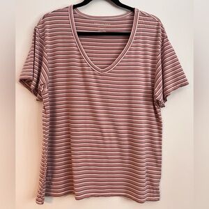 American Eagle Soft & Sexy Pink and White Striped V-Neck Tee